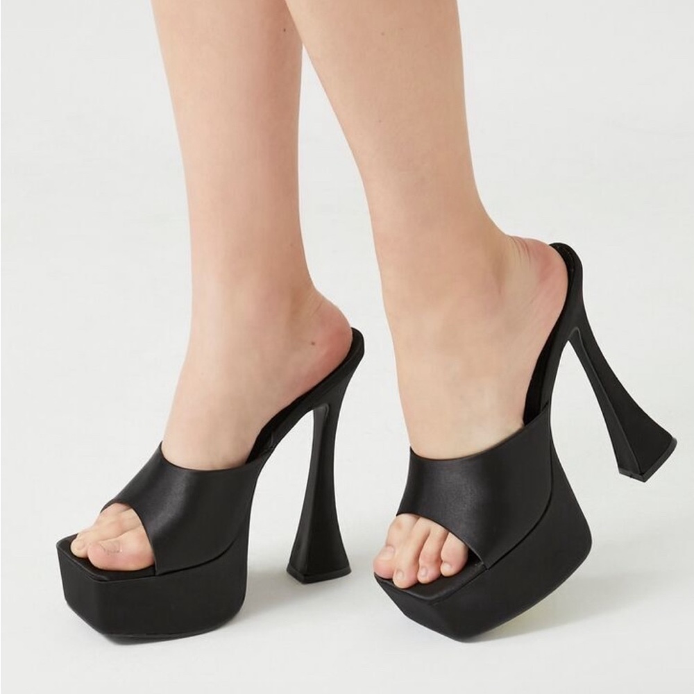 Black platform square toe mule heels